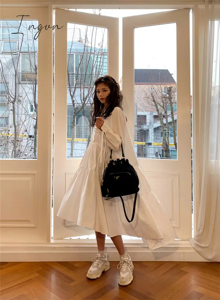 Ingvn - Women Dress Long Sleeve Spring Autumn Vintage Designer Collar Lapel Button Up Ruched Ruffles Cotton White Dresses Female Clothes