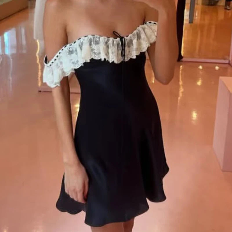 Romantic Girl Lace Spliced Sexy Off Shoulder Dress Women Short Sleeve Slim A-line Mini Dresses Summer Robe