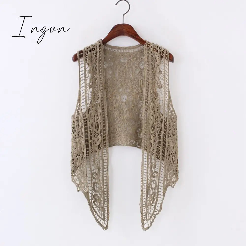 Ingvn - Asymmetric Open Stitch Cardigan Summer Beach Boho Hippie People Style Crochet Knit Embroidery Blouse sleeveless Vest