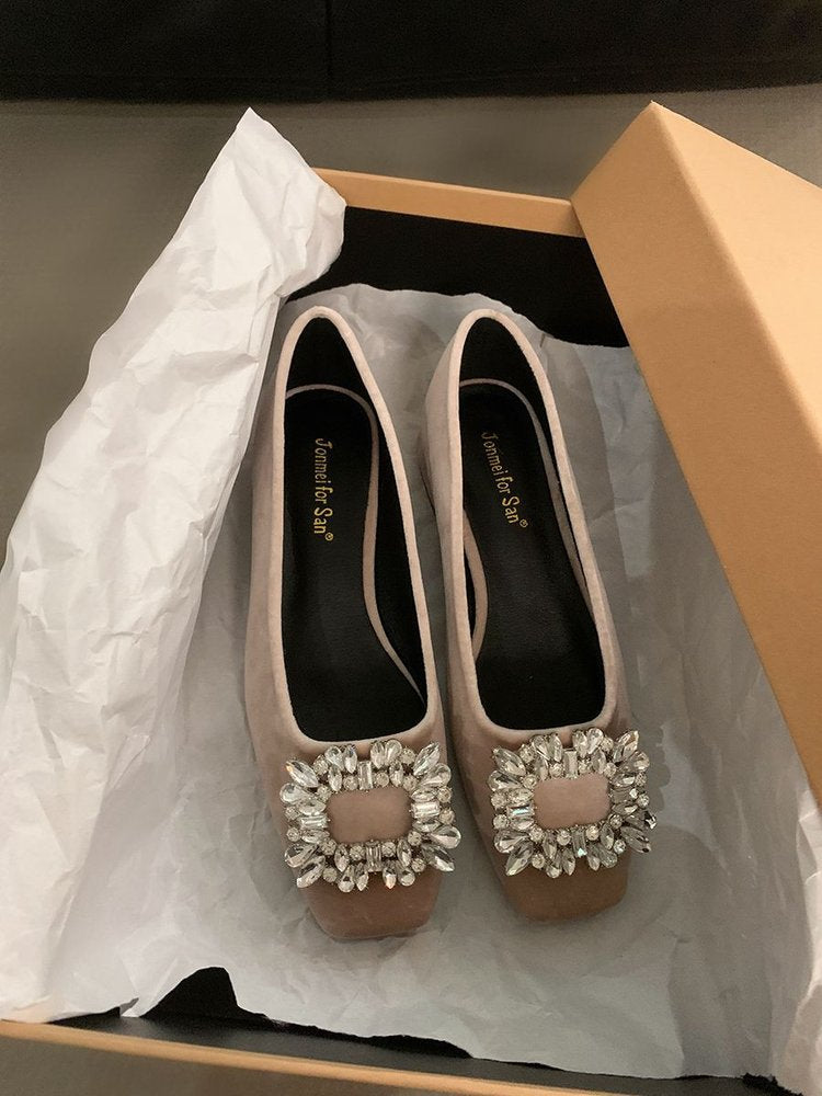 High-grade Rhinestone Shallow Mouth Shoes Women's Elegant Shallow Mouth Spring and Autumn New All-match Square-toe Flat Bean Shoes