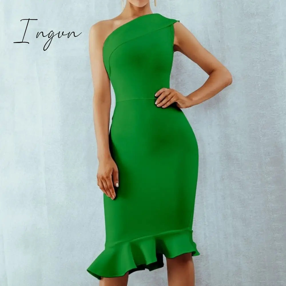 Ingvn - New Summer Women Bandage Dress Sexy One Shoulder Sleeveless Ruffles Nightclub Celebrity Evening Party Mermaid Dresses