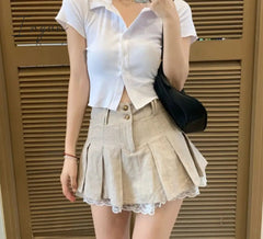 Ingvn - Sweetown Korean Fashion Khaki Short Skirt Lace Trim Cute Pleated Skirts Womens Preppy Style Button Up High Waist Summer Skirt