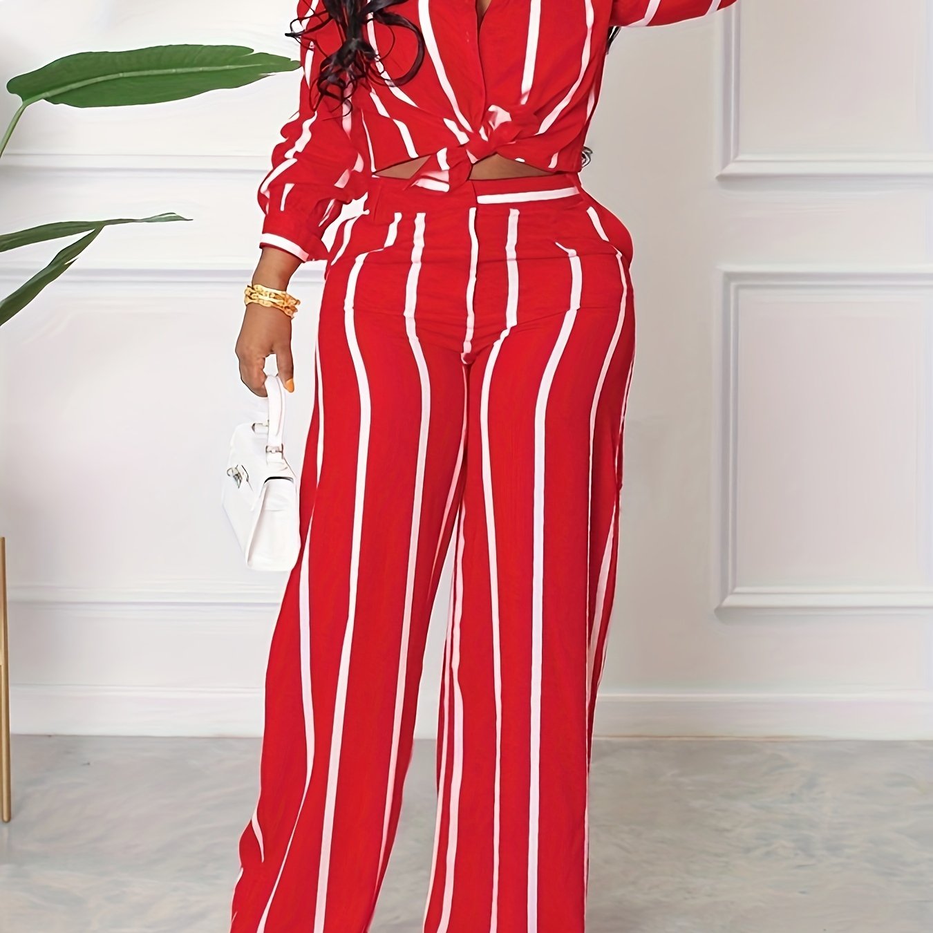 Striped Print Two-piece Set, Button Front Collar Long Sleeve Shirt & High Waist Wide Leg Loose Pants Set, Women's Clothing