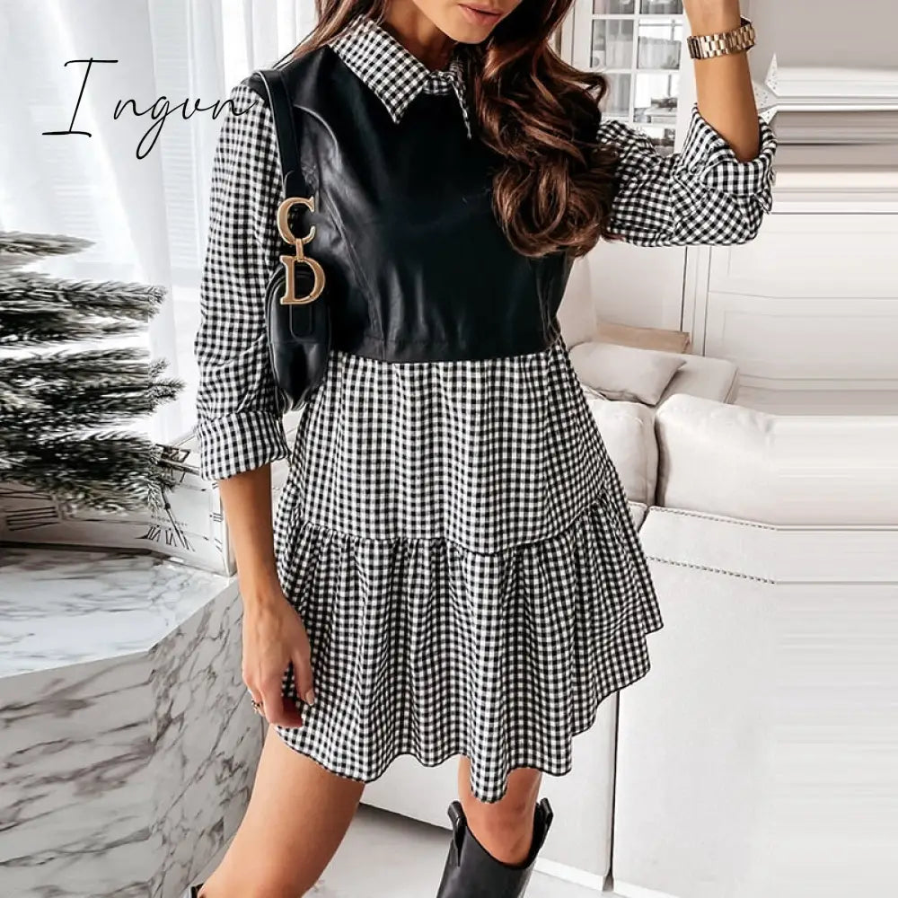 Ingvn - Sexy Stand Collar Print Zipper Long Sleeves Mini Dress Casual Autumn Winter Fashion Pocket Pu Leather Dress Elegant Slim Dresses