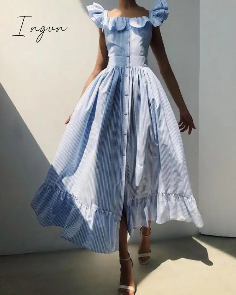 Ingvn - Striped Square Neck Flutter Sleeve Sweet Dress Women Ruffles Maxi Dress