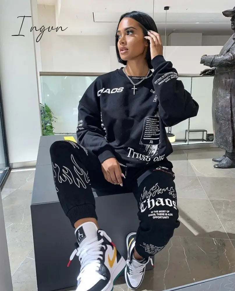 Ingvn - Trends Women Tracksuit 2 Piece Set Autumn Letter Print Oversized Hoodies Sweatshirt Joggers Pants Suit Sweatpants Outfits Matching Set