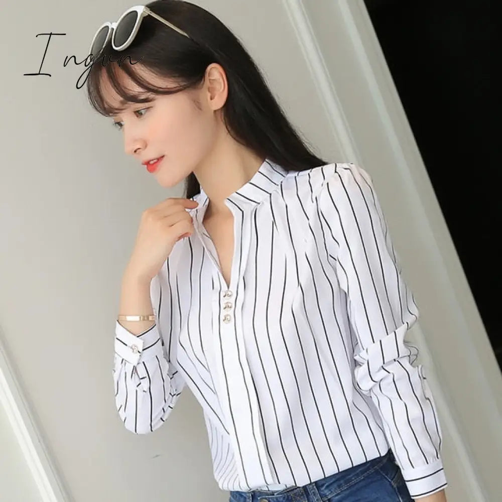 Ingvn - Plus Size Women White Tops and Blouses Fashion Stripe Print Casual Long Sleeve Office Lady Work Shirts Female Slim Blusas