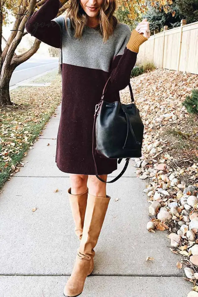 Ingvn - Loose Round Neck Paneled Mini Dress(5 Colors)