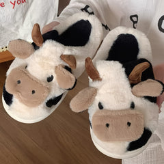 Cow Pattern Plush Slippers - Soft Fabric Lining, Cartoon Design, Comfortable Indoor Shoes with TPR Sole for Cozy Home Wear - Casual Slip-On Style