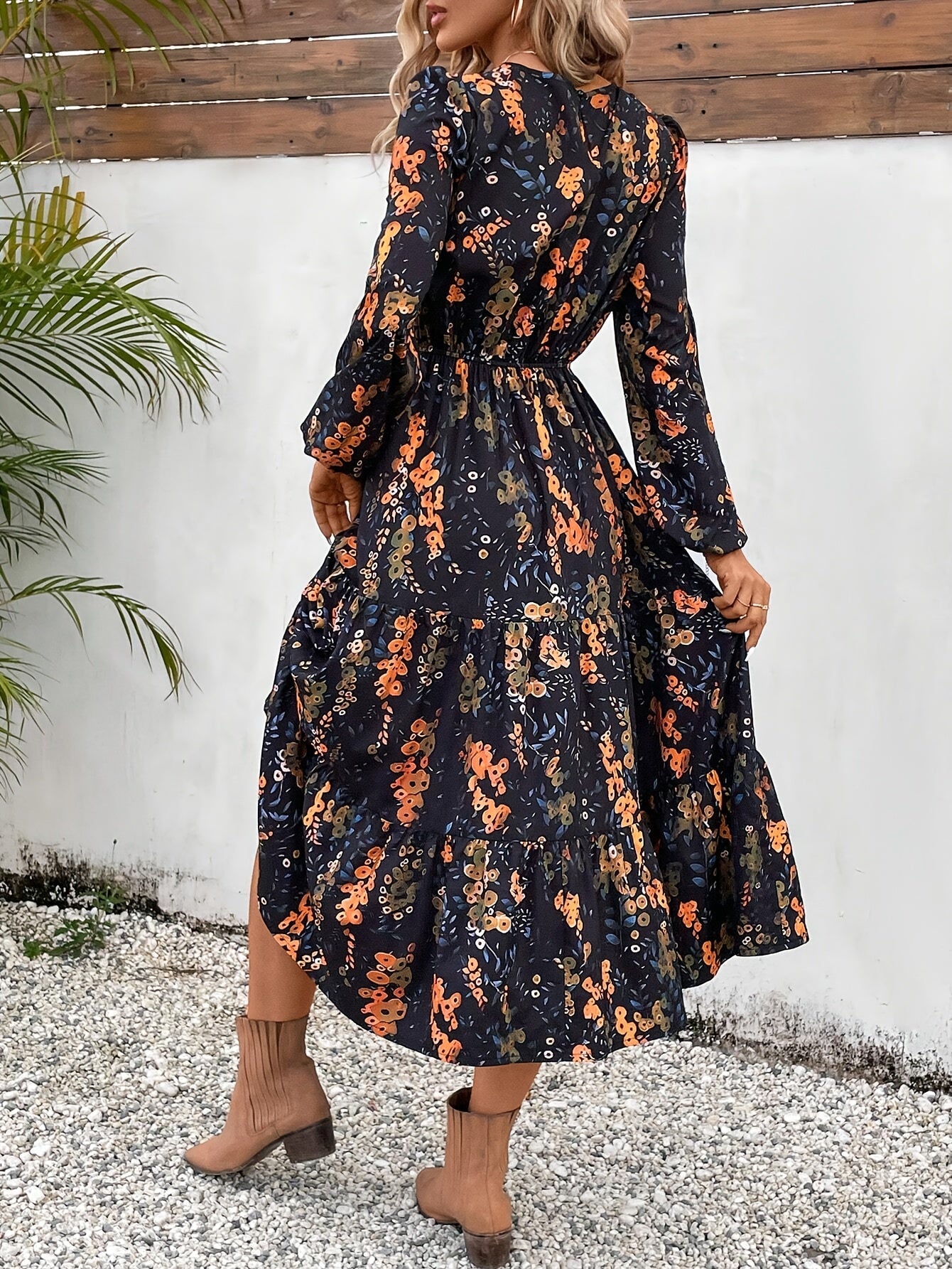 Floral Print Crew Neck Dress, Elegant Long Sleeve A-line Dress For Spring & Fall, Women's Clothing
