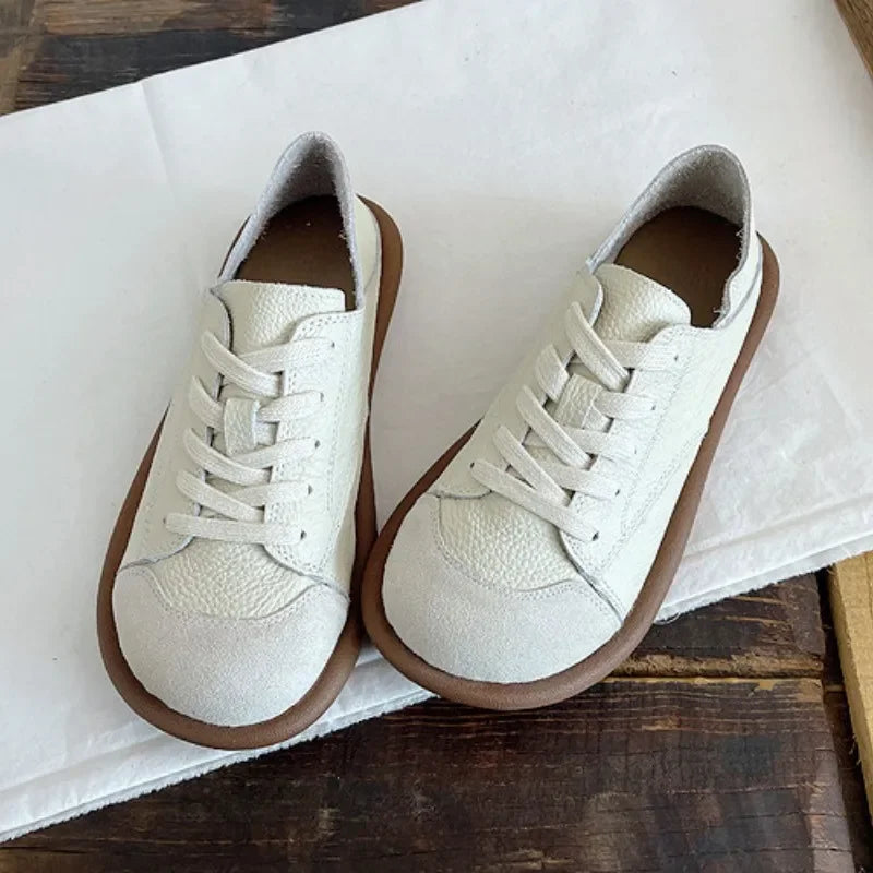 New Women's Shoes Flat Bottom Round Toe Flat Shoes Casual Lace Up Ladies Sneakers Mixed Color Soft Sole Beige Vulcanized Shoes