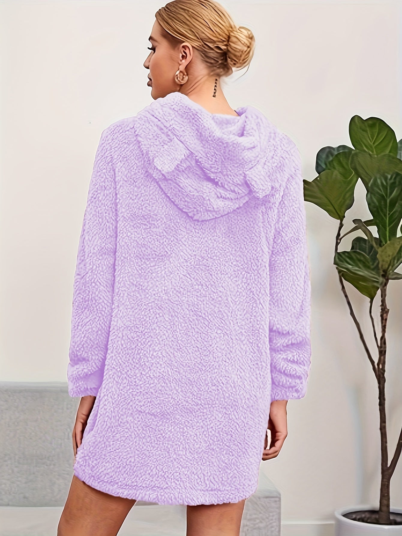 Cozy Fuzzy Solid Color Loose Fit Hooded Dress - Women's Casual Long Sleeve Dresses for Fall & Winter - Soft, Warm, and Comfortable Clothing for Everyday Wear