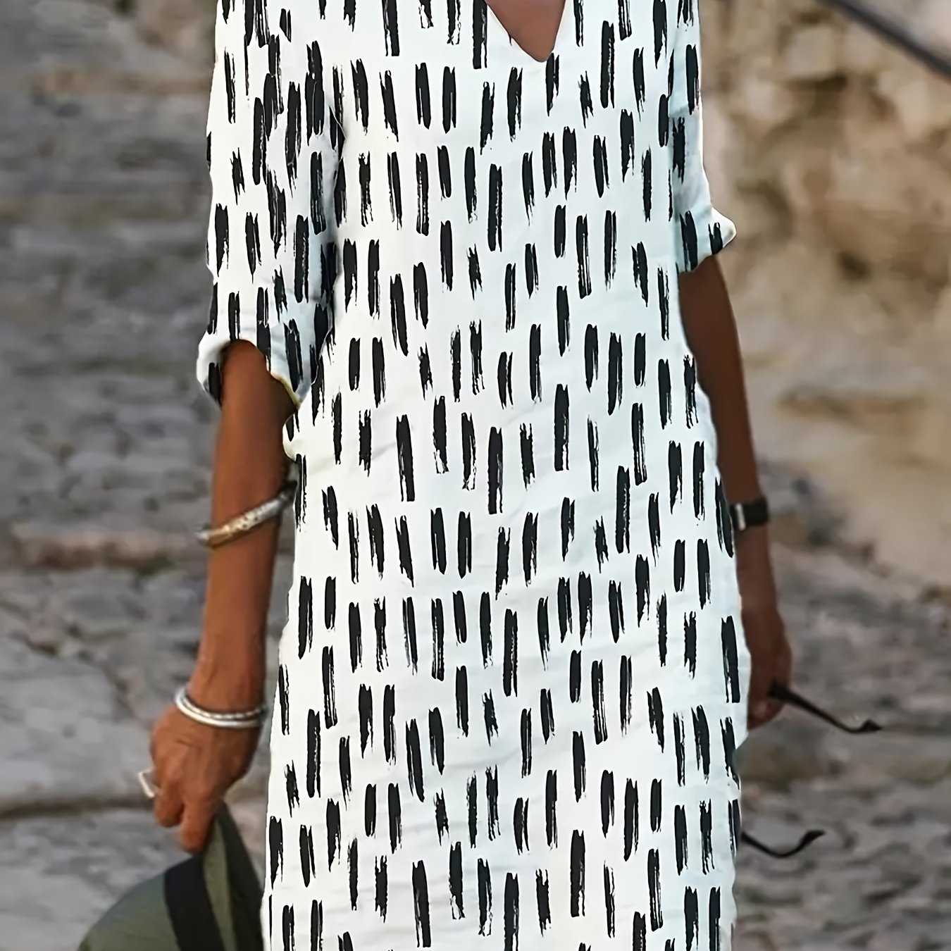 Multicolor Printed V-Neck Flowy Dress - Loose Fit & Crop Sleeves for Spring/Fall - Mature Style, Waist Emphasizing, Perfect Womens Wardrobe Staple