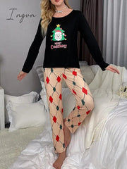 Ingvn - Women's Loungewear Sets Letter Santa Claus Fashion Comfort Soft Home Christmas Daily Polyester Breathable Crew Neck Long Sleeve T shirt Tee Pant Fall Winter 90004