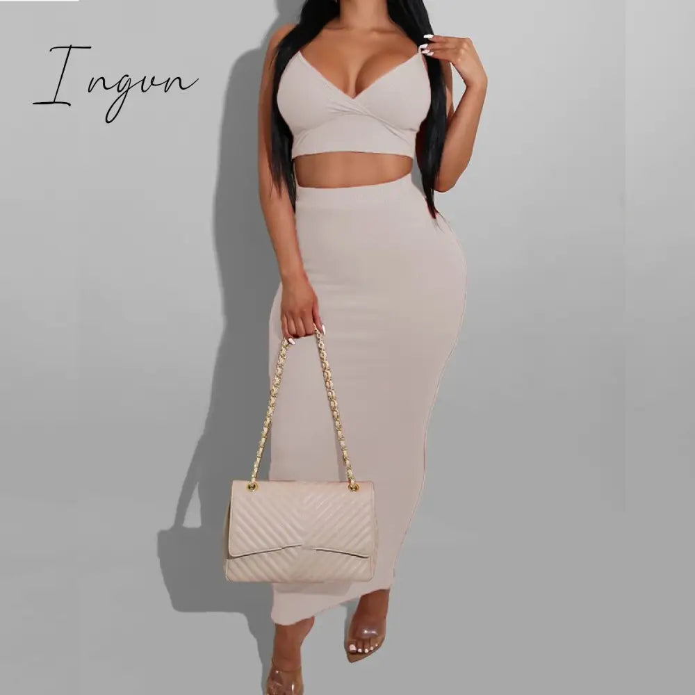 Ingvn - Sexy Two Piece Sets V-Neck Long Sleeve Crop Top Knitted Long Skirt Party Women Sets Wrap Club Bodycon 2 Pieces Outfits