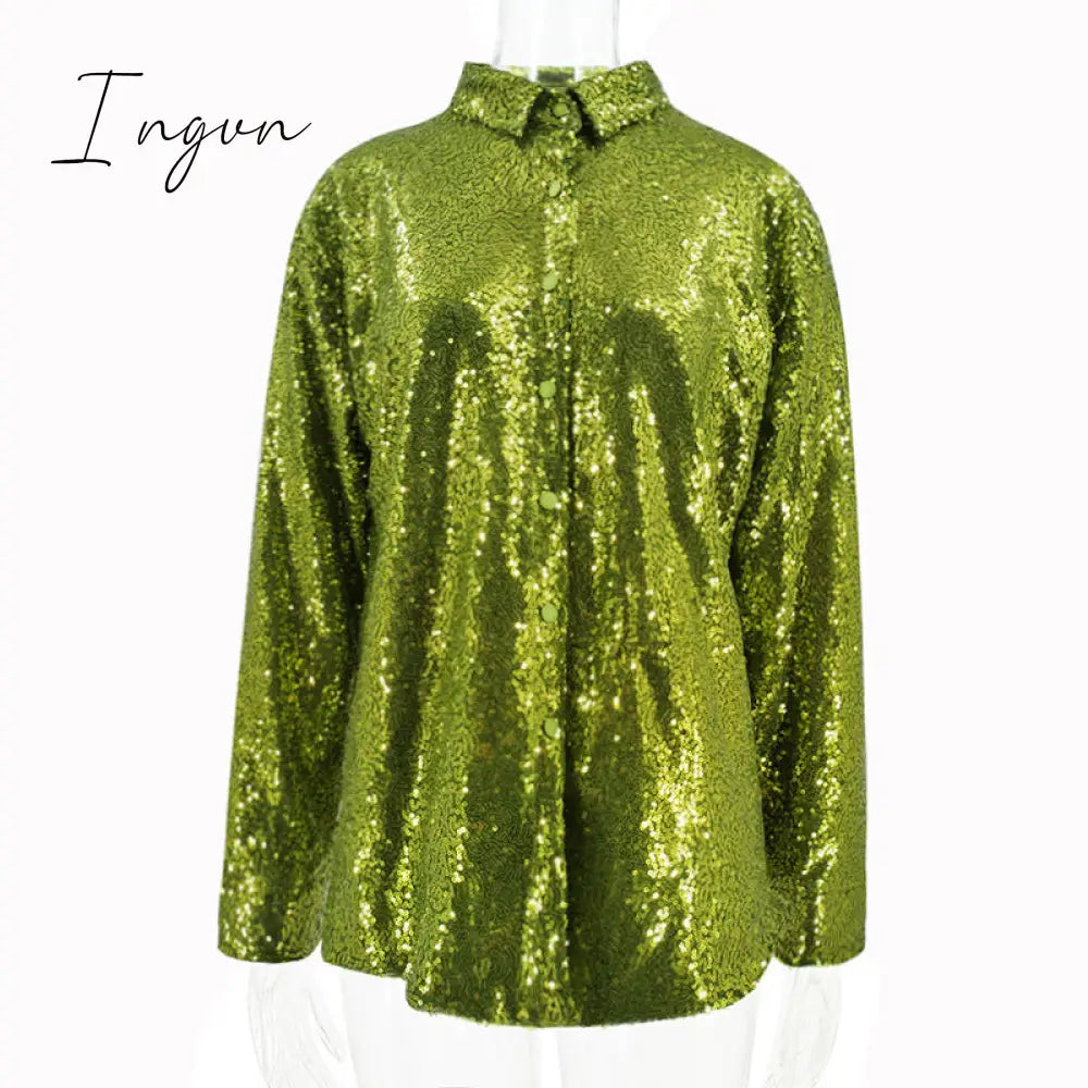 Ingvn - Turn-down Collar Bright Silk Women Blouses Red Long Sleeve Elegant Loose Blouses Women Spring Fashion Casual Streetwear Ingvn