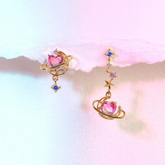 INGVN  New Ins Asymmetric Moon Heart Earring For Women Cute Gold-plated Pink Zircon Heart Stud Earrings Fashion Aesthetic Jewelry Gift