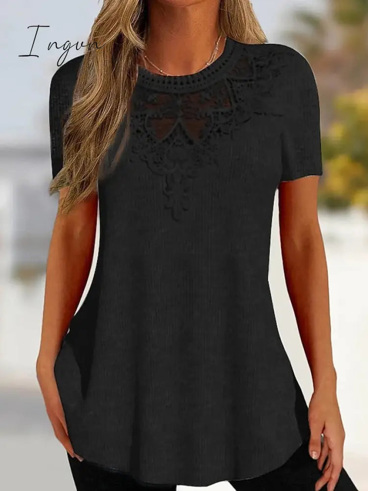 Ingvn - Women's T shirt Tee Blouse Black Pink Red Plain Lace Short Sleeve Casual Basic Round Neck Regular