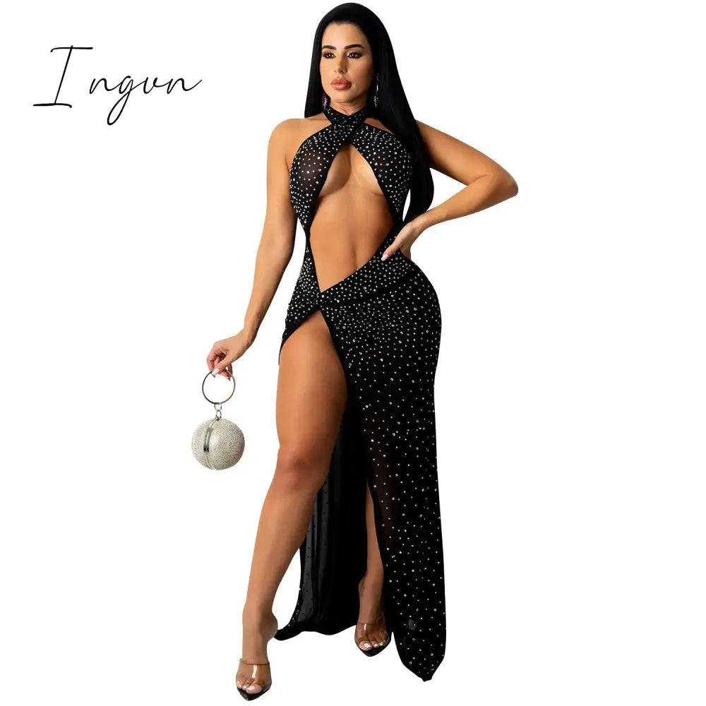 Ingvn - Sheer Mesh Diamonds Sequined Pearls High Split Long Dress For Women Straps Bodycon Long Vestidos Night Party Rhinestone Outfits