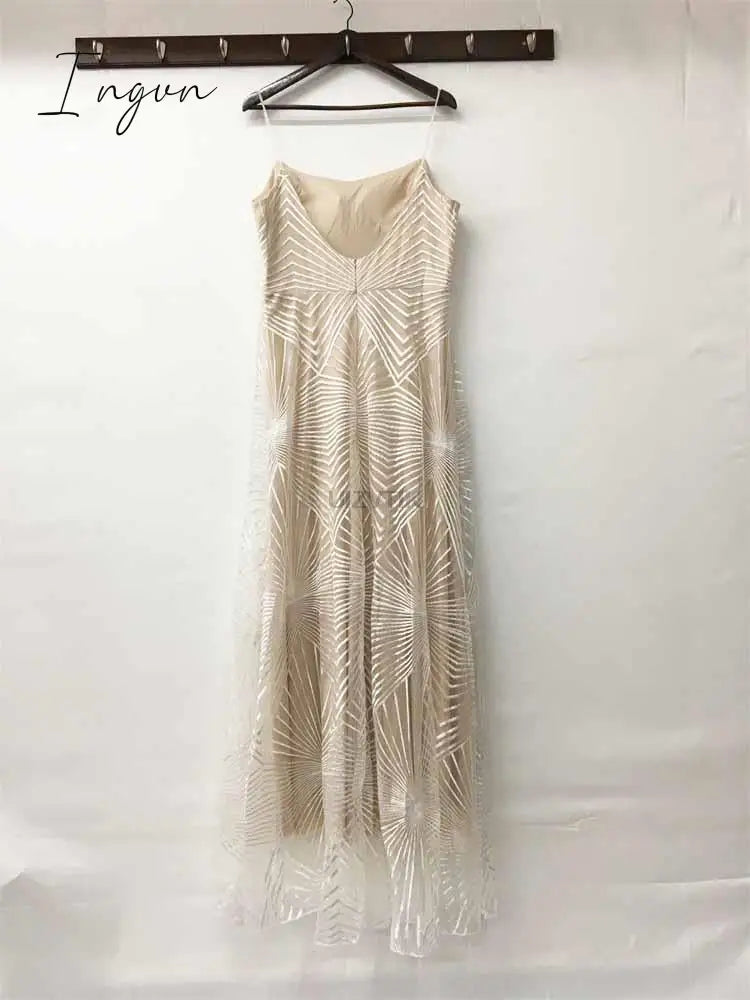 Ingvn - Sexy Slip Embroidered Maxi Dresses for Women Summer Elegant Luxury Evening Wedding Guest Formal Long Party Dress White