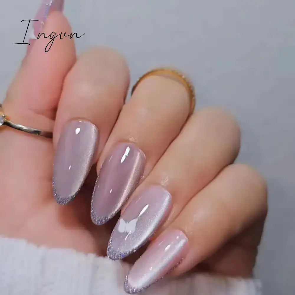 24pcs Short Glitter Purple False Nails  Almond Stiletto French Wearable Fake Nails Art Artificial Full Cover Press on Nail Tips
