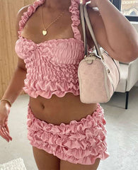 Solid Women 2Piece Set Sexy Summer Elastic Halter Backless Slim Crop Tanks+Matching Ruched Ruffle Skirts Clubwear
