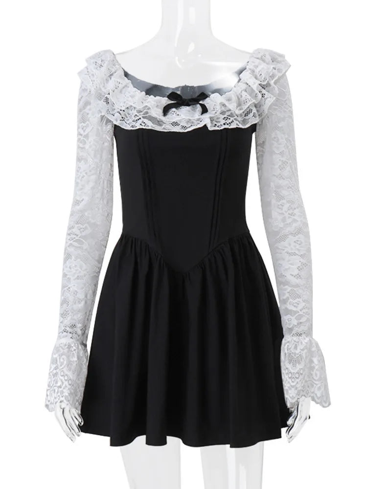 Lace Flare Long Sleeve Sexy Maxi Dress For Women Patchwork Square Collar Backless High Waist Pleated Club Dress Elegant