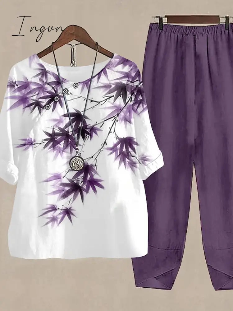 Ingvn - Women's Shirt Pants Sets Pants Trousers Basic Army Green Blue Holiday Weekend Floral Print Round Neck S M L XL 2XL
