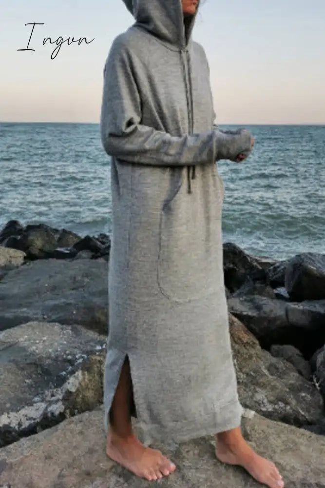 Ingvn - Casual Solid Draw String Pocket Hooded Collar Long Sleeve Dresses