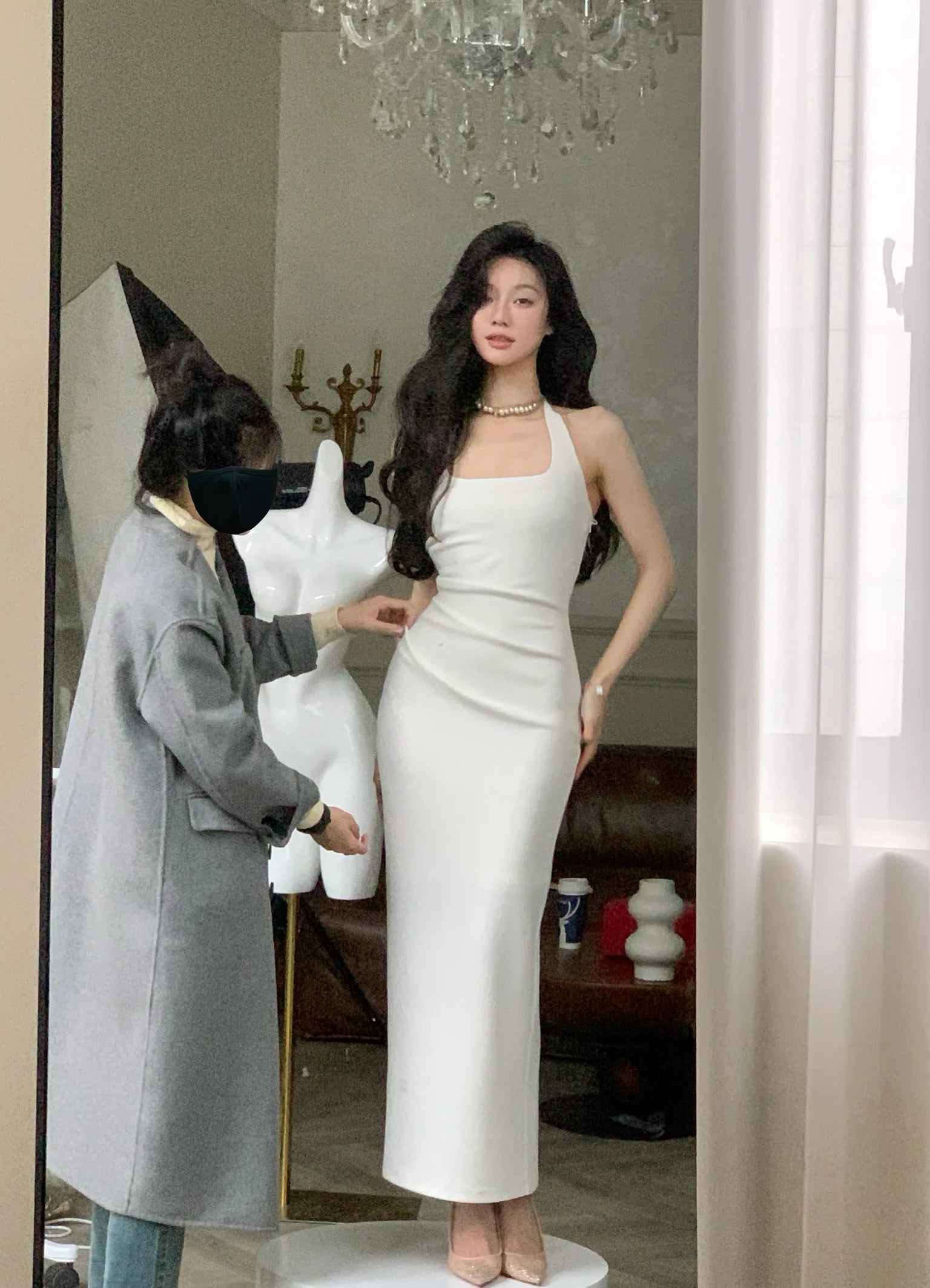 Elegant Chic White Pleated Sleeveless Midi Dresses for Women Vintage Evening Party Casual Bodycon Robe Female Clothing New