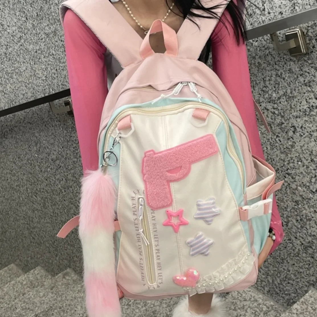Ingvn  Y2k Japanese Original Pink Girl Pistol Star Backpack Personalized High Capacity College Schoolbags Sweet Cool Girl Shoulder Bag