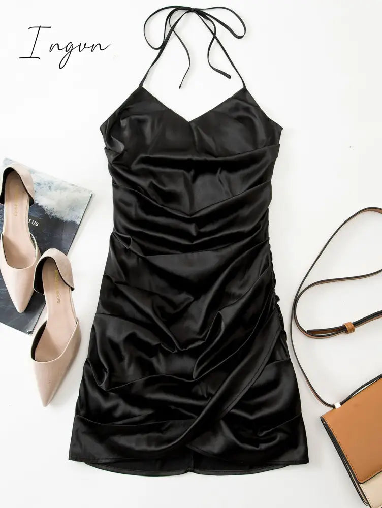 Ingvn - Women's Sexy Satin Dress Spaghetti Strap Slips Nightwear Side Slit Cocktail Party Silk Mini Dresses