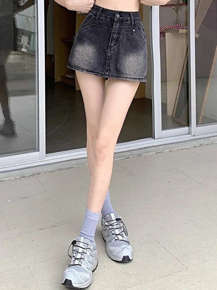 Ins Summer Women Y2k Loose Denim Skirts Lady Korean High Waist Dress Female Light Blue Black Gray Wrap Hip A Line Short Skirts