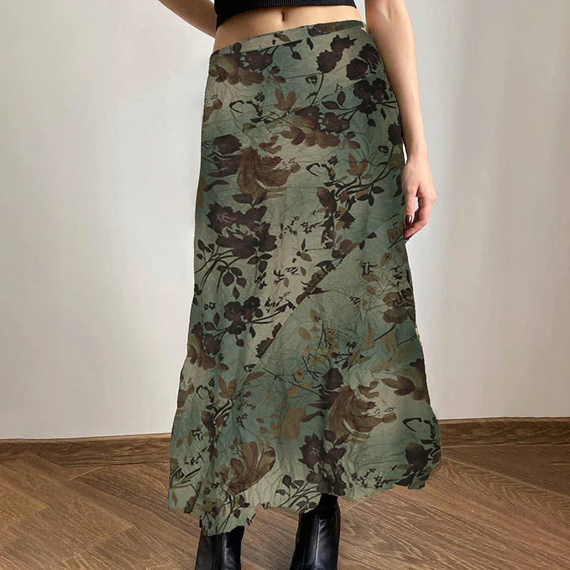 Vintage Print Loose Midi Skirt Women Retro y2k Low Rise Casual Skirts 2000s Aesthetic Ladies's Bottoms Harajuku Clothing