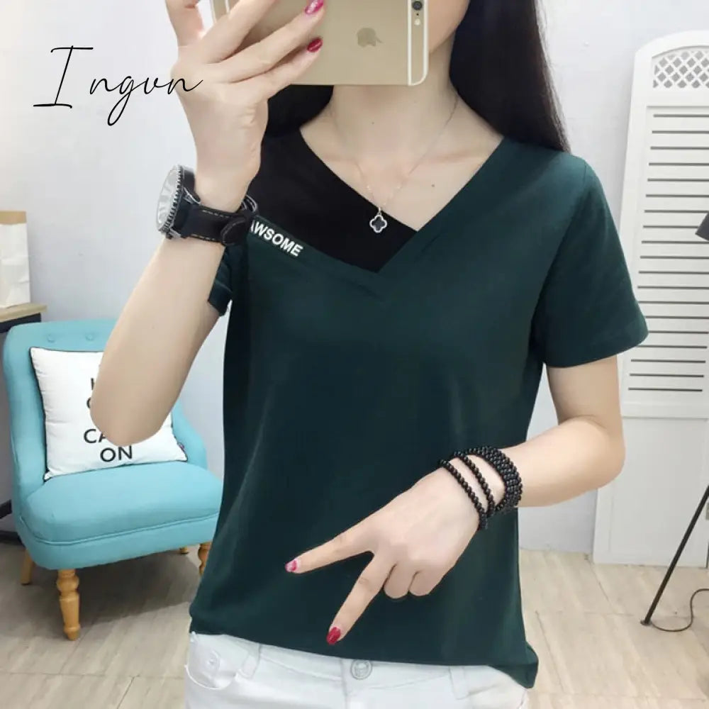 Ingvn - Fake Two Piece Tops Women T-Shirt Off Shoulder Tshirt Short Sleeve V-Neck Korea Fashion Summer Cotton Tee Shirt Femme