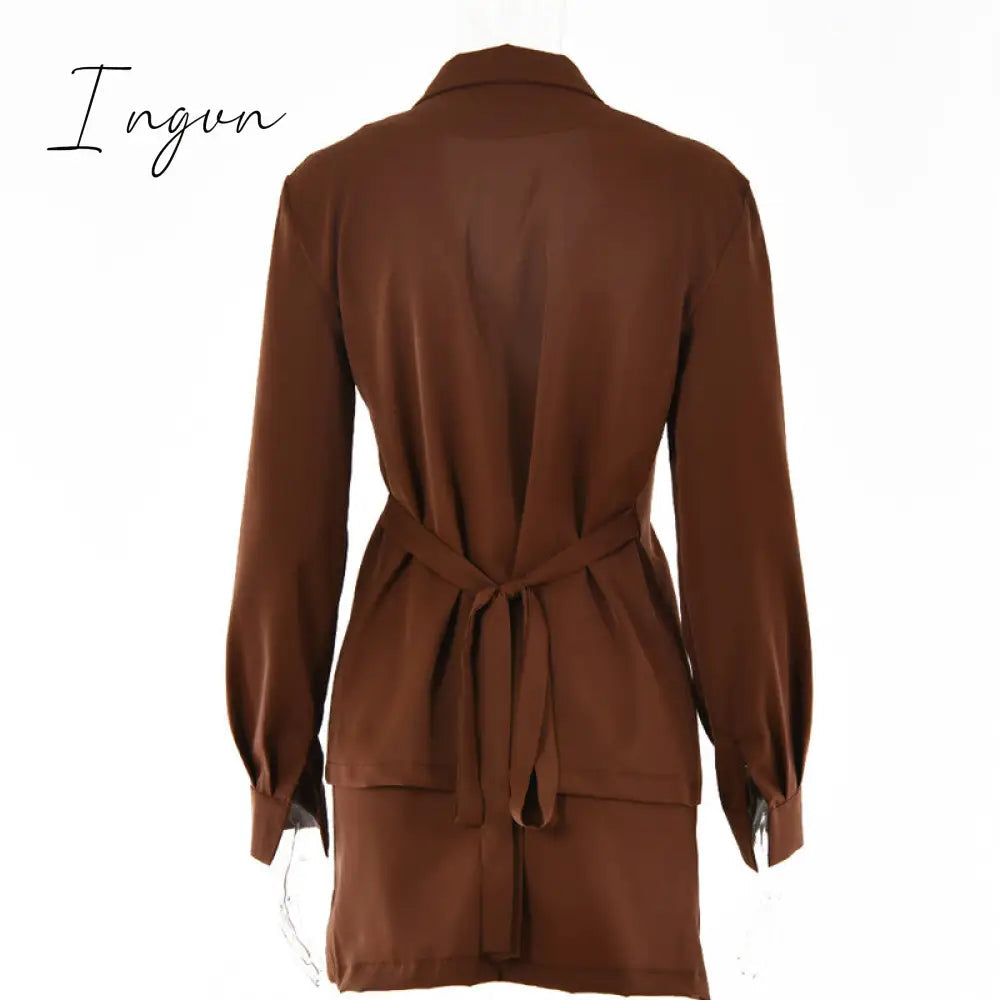 Ingvn - Turn-down Collar Button Women Two Piece Set Brown Long Sleeve Top High Waist Skirt Women Autumn Sexy Slim Office Outfits