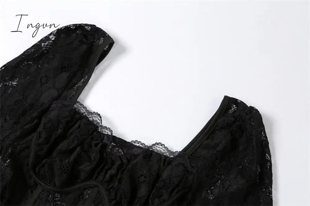 Ingvn - Summer Sexy Party Split Lace Bodycon Woman Maxi Dress Club Square Collar Black Elegant Women's Dresses