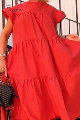 Ingvn - Casual Solid Patchwork O Neck Cake Skirt Dresses