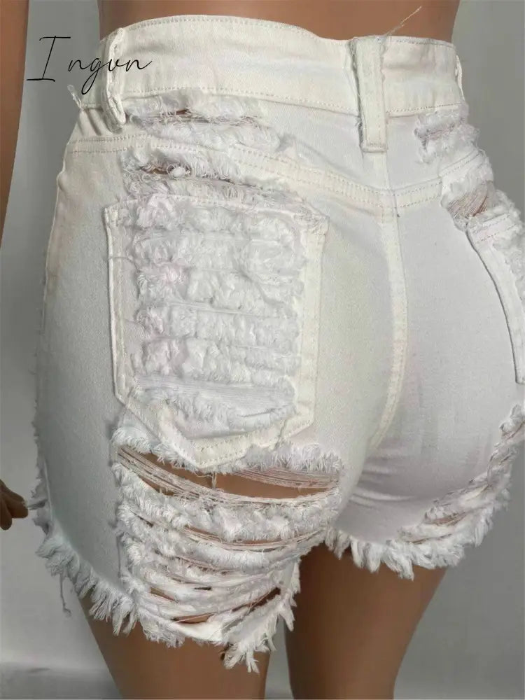 Ingvn - New Summer Ripped Hole Hollow Out Jeans For Women High Waist Sexy Tassels Cut Open Button Slim Denim Shorts Pants