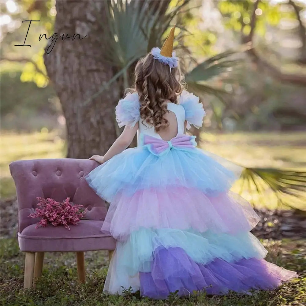 Ingvn - Christmas Girls Unicorn Dress with Long Tail + Wings Wig Hairband Baby Girl Princess Birthday Party Ball Gown Kids Horse Clothes