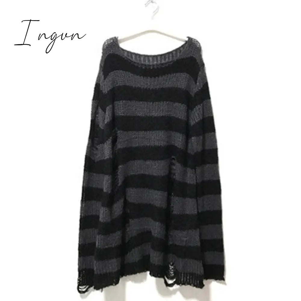Ingvn - Halloween 200 Gothic Knitted Sweater Women Long Pullovers Striped Loose Winter Ripped Plus Size Sweaters Jumpers Mujer Jersey