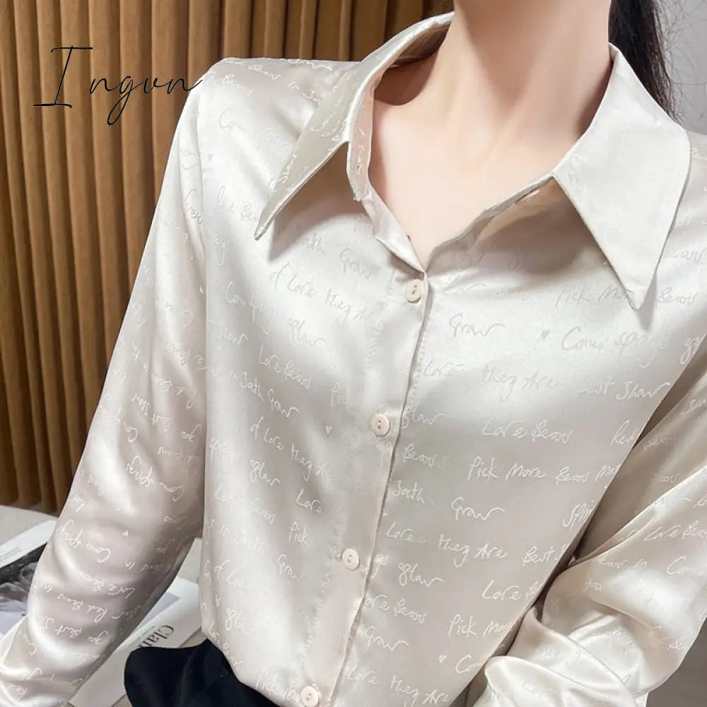 Ingvn - 2023 Spring And Summer New High-Eend Silk Letter Jacquard Shirt Women's Fashion Light Luxury Cardigan Top. Acetate Satin Finish