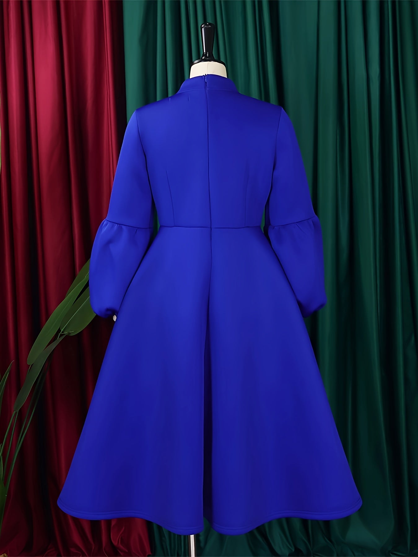 Solid Color Tie Neck Aline Dress, Elegant Ruffle Trim Lantern Sleeve Dress For Spring & Fall, Women's Clothing