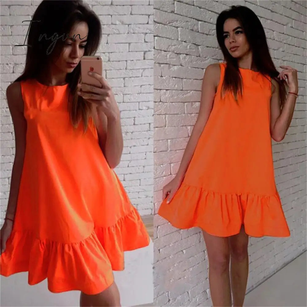 Ingvn - Women Female Short Sleeve Loose Mini Short A-line Dresses Summer Beach Casual Dress Candy Color S-XXL