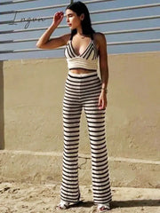 Ingvn - Knitted Two Piece Set Long Sleeve Crop Top Beach Sexy And Bodycon Trousers Summer Women Outfits Party Club