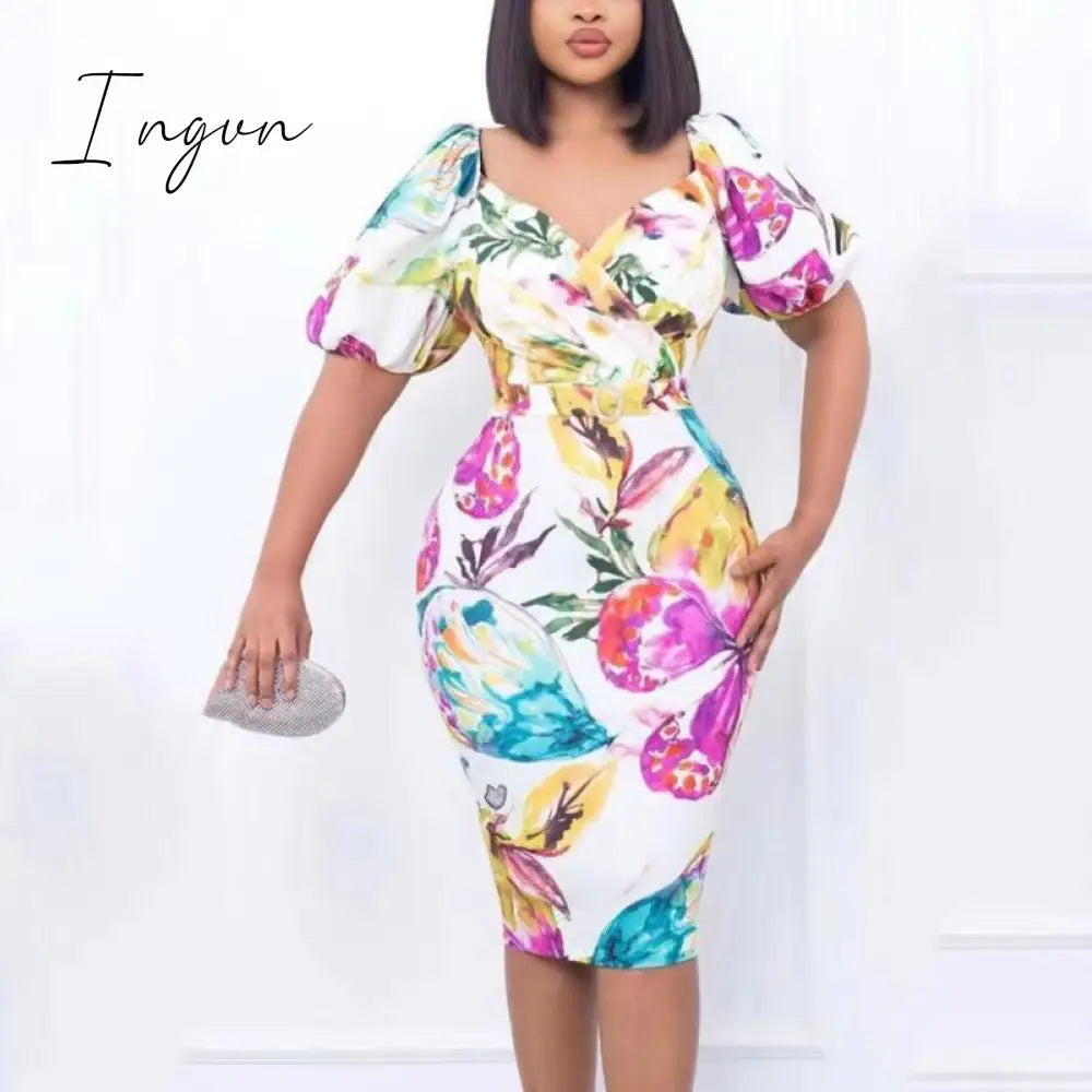 Ingvn - Women Summer Printed Bodycon Dresses Puff Short Sleeve Wrapped High Waist Fitted Midi Dress with Belt Office Party Clothes