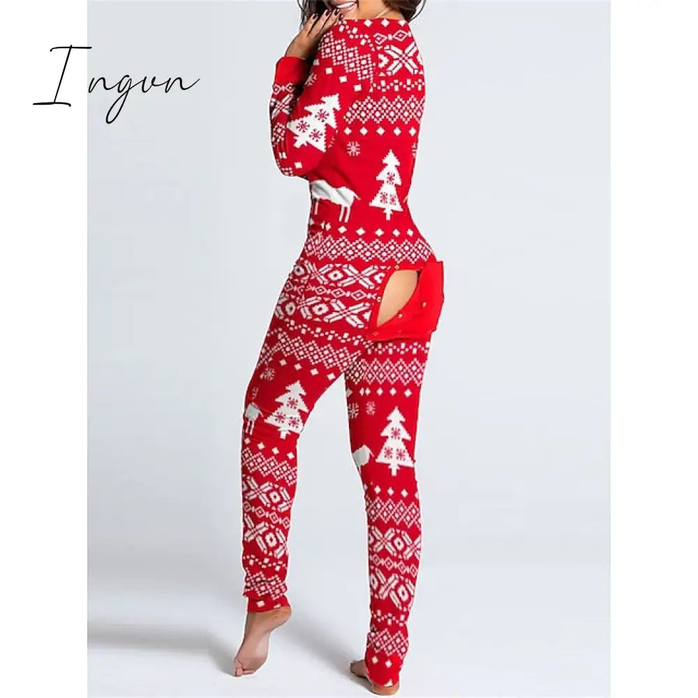Ingvn - Women's Pajamas Jumpsuit Elk Snowflake Casual Comfort Soft Home Christmas Daily Polyester Breathable V Wire Long Sleeve Hole Fall Winter White Red