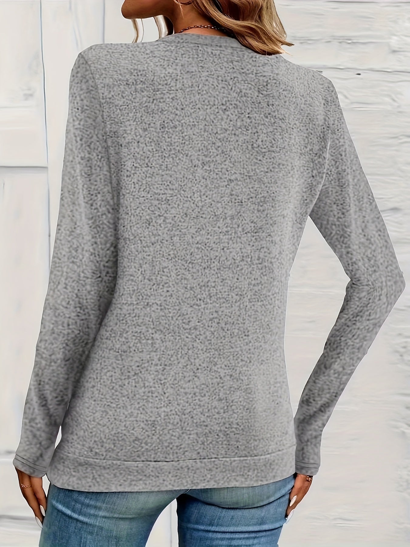 Button Decor Ruched T-Shirt, Casual Long Sleeve Top For Spring & Fall, Women's Clothing