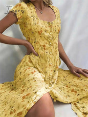 Ingvn - French Flair Elegant Floral Square Neckline Midi Dress