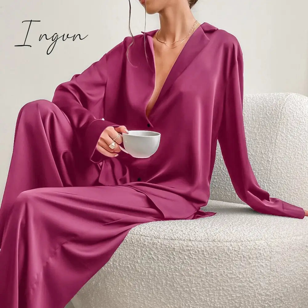 Ingvn - Oversized Satin Silk Sleepwear Low Cut Sexy Pajamas For Women Single-Breasted Long Sleeves Wide Leg Pants Trouser Suits